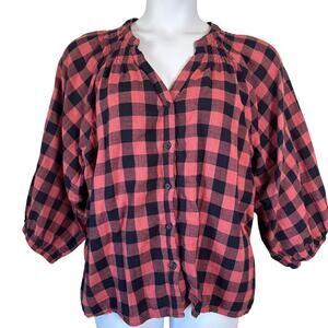 Time & Tru Plus Size 2XL Plaid Blouse Red Black Buffalo Check 3/4 Sleeve Cotton
